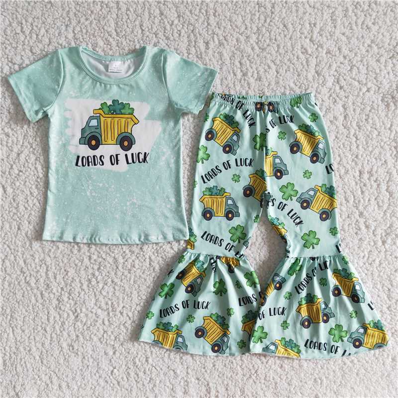 E5-27 LUCK green short-sleeved clover trucker bell pants girls suit
