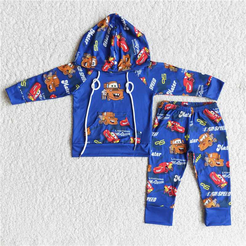 6 C10-26 Cartoon car boy blue hooded sweatshirt suit