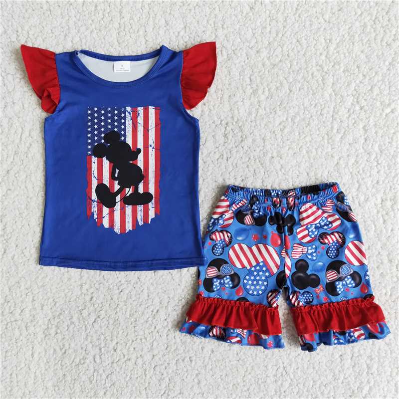 E12-1 Happy 4th of July Girl Star Cartoon Blue Flying Sleeve Shorts Suit