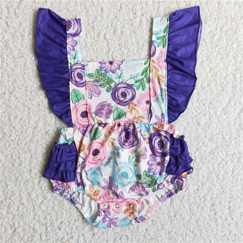 B3-27 Baby girls purple floral bubble rompers