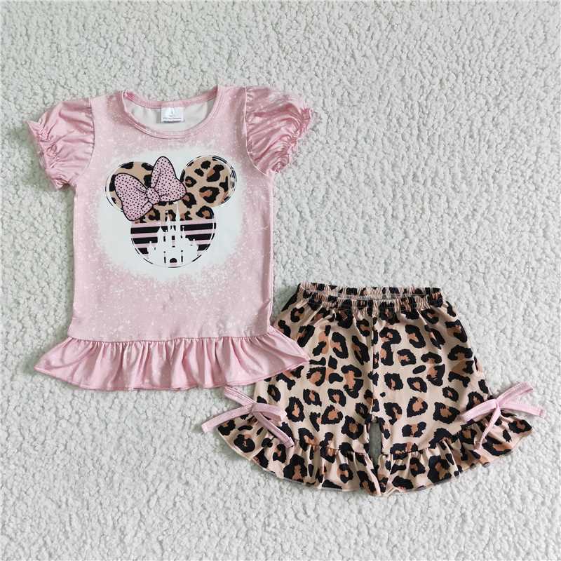 GSSO0062Pink bleached shirt leopard shorts girls summer clothing