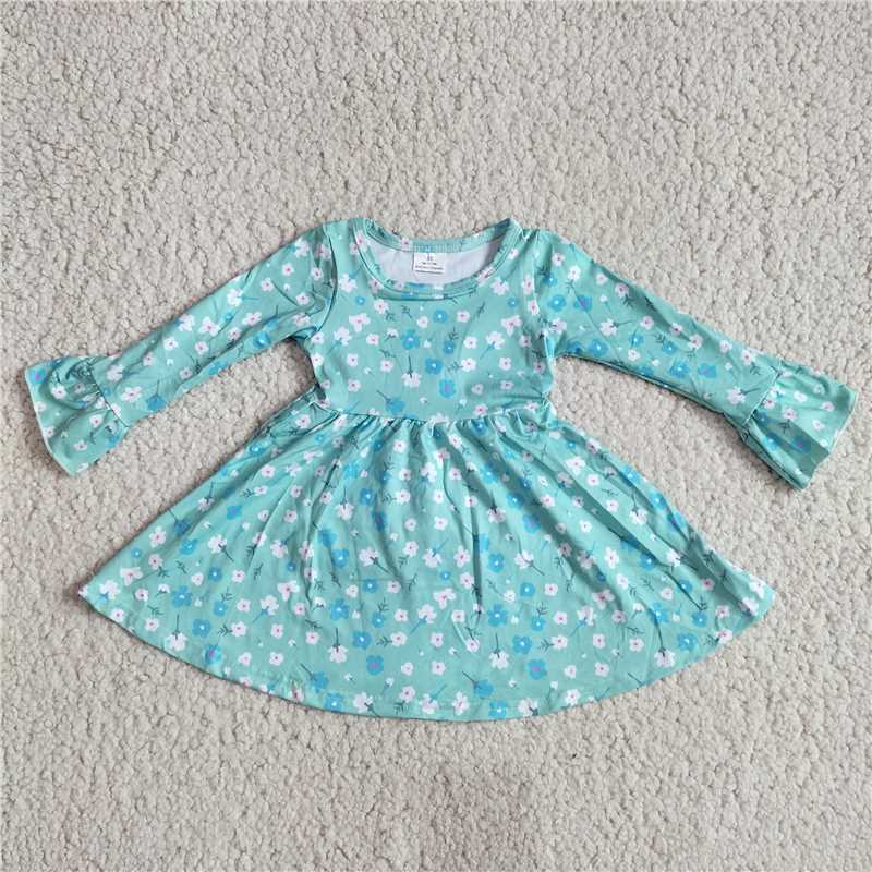 10.4 RTS NO MOQ(In stock)G2-24*..; Baby Girls Winter Dress Blue and white flower light green long-sleeved dress