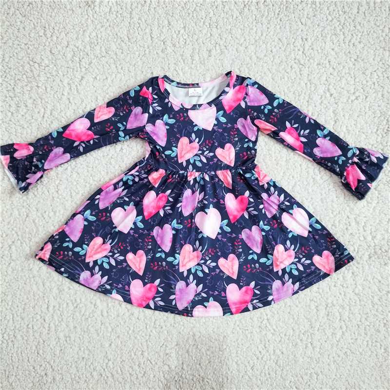 10.11 RTS NO MOQ(In stock)G2-24*;\ Baby Girls Winter Dress Lilac pink heart leaf long-sleeved dress
