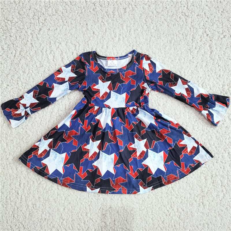 10.10 RTS NO MOQ(In stock)G2-24.;\* Baby Girls Winter Dress Dark blue long-sleeved dress with red, white and black stars