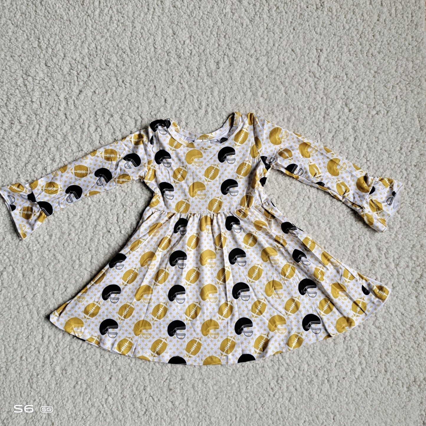 10.4 RTS NO MOQ(In stock)G2-24-8*; Baby Girls Winter Dress Yellow Rugby Star Hockey Cap Long Sleeve Dress