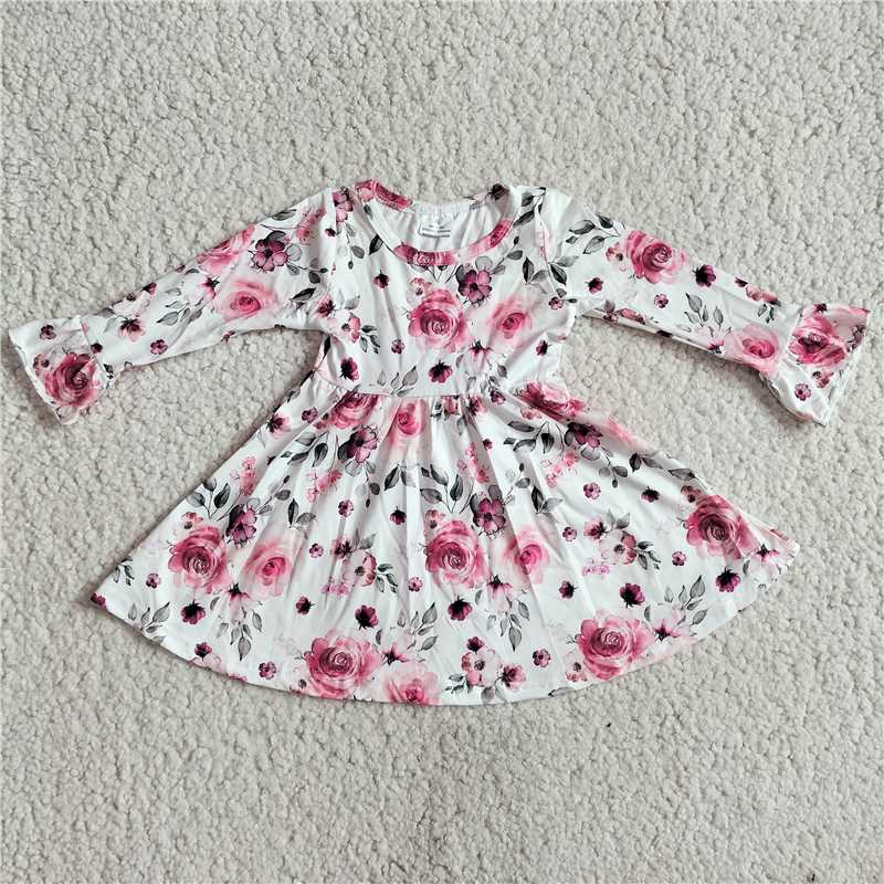 9.20 RTS NO MOQ(In stock) G2-24-8= Baby Girls Winter Dress Nude pink rose gray leaf long sleeve dress