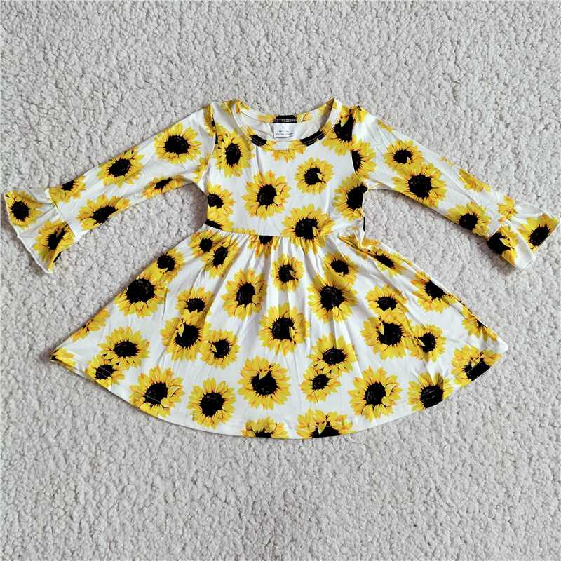 9.24 RTS NO MOQ(In stock)G3-8*. Baby Girls Winter Dress Sunflower White Trumpet Long Sleeve Dress