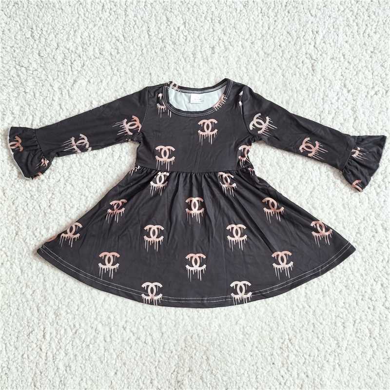 9.18 RTS NO MOQ(In stock)G3-8*' Baby Girls Winter Dress Black flared long-sleeved dress with pink leather and lettering
