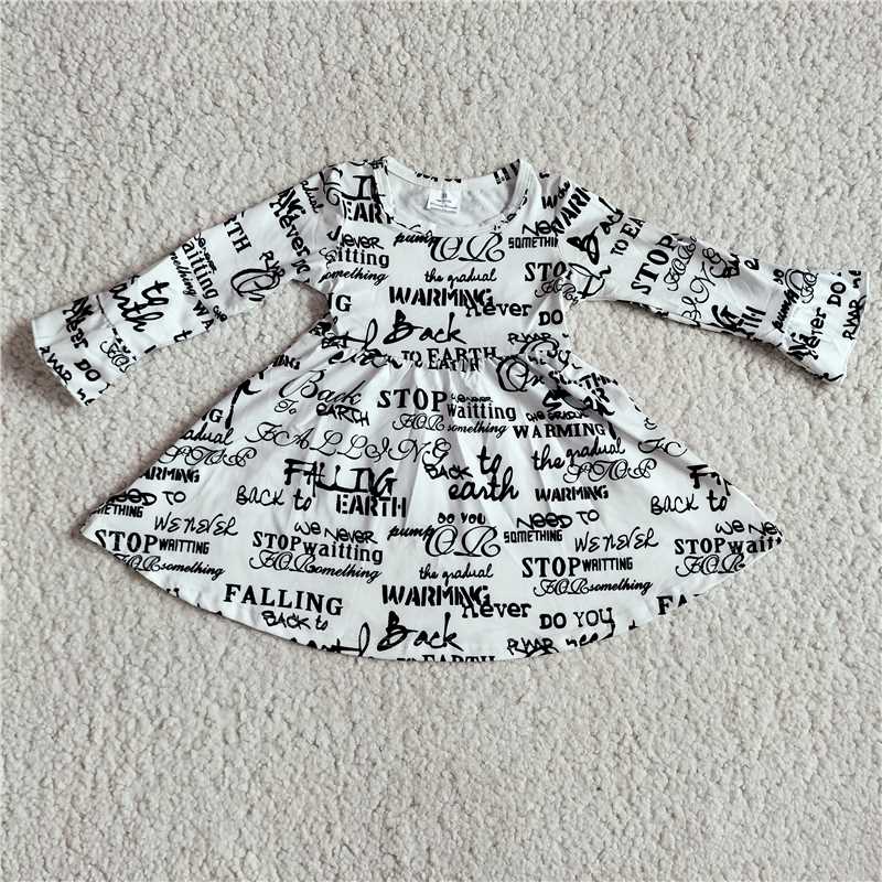 9.19 RTS NO MOQ(In stock)G3-8*;; Baby Girls Winter Dress Black lettering white long sleeve dress