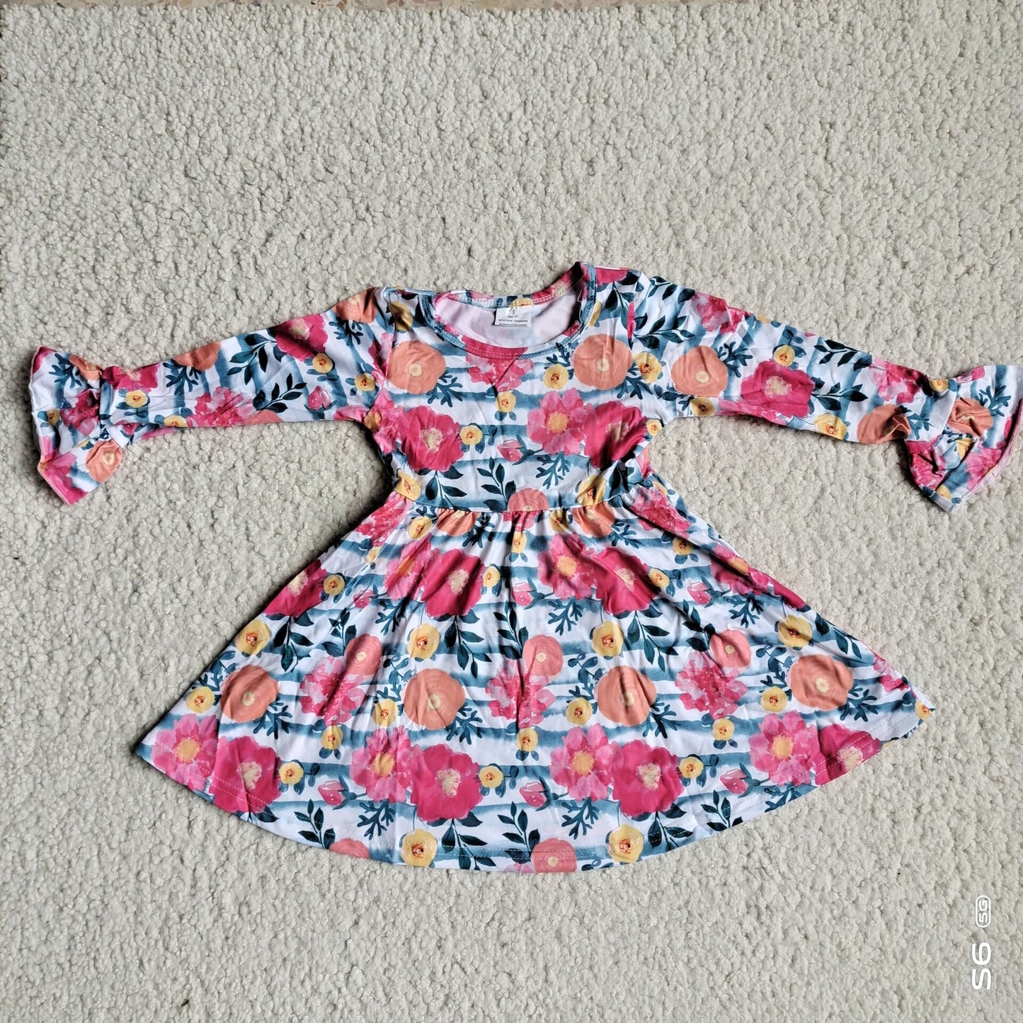 10.4 RTS NO MOQ(In stock)G3-12-2,* Baby Girls Winter Dress Rose pink flower mist blue striped long-sleeved dress