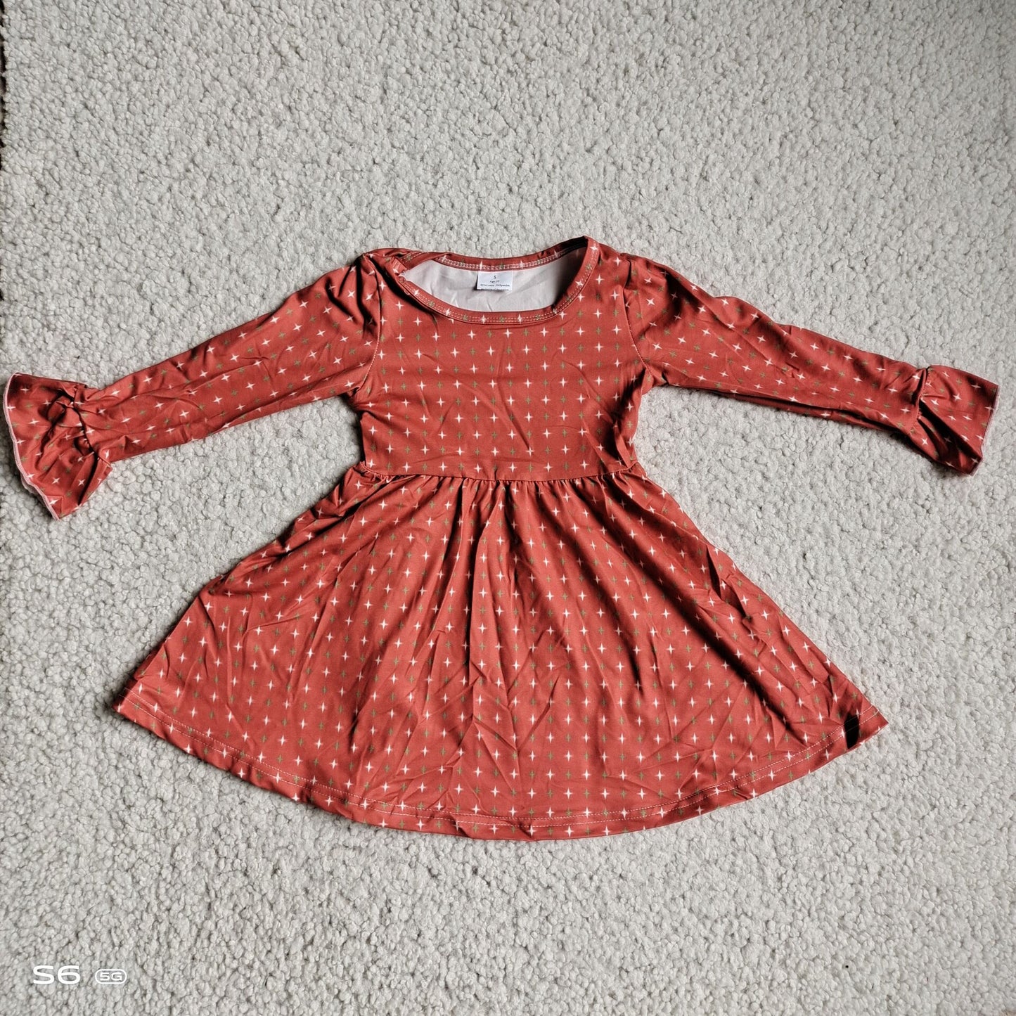 10.3 RTS NO MOQ(In stock)G3-12-5= Baby Girls Winter Dress Green, white and orange star long-sleeved dress