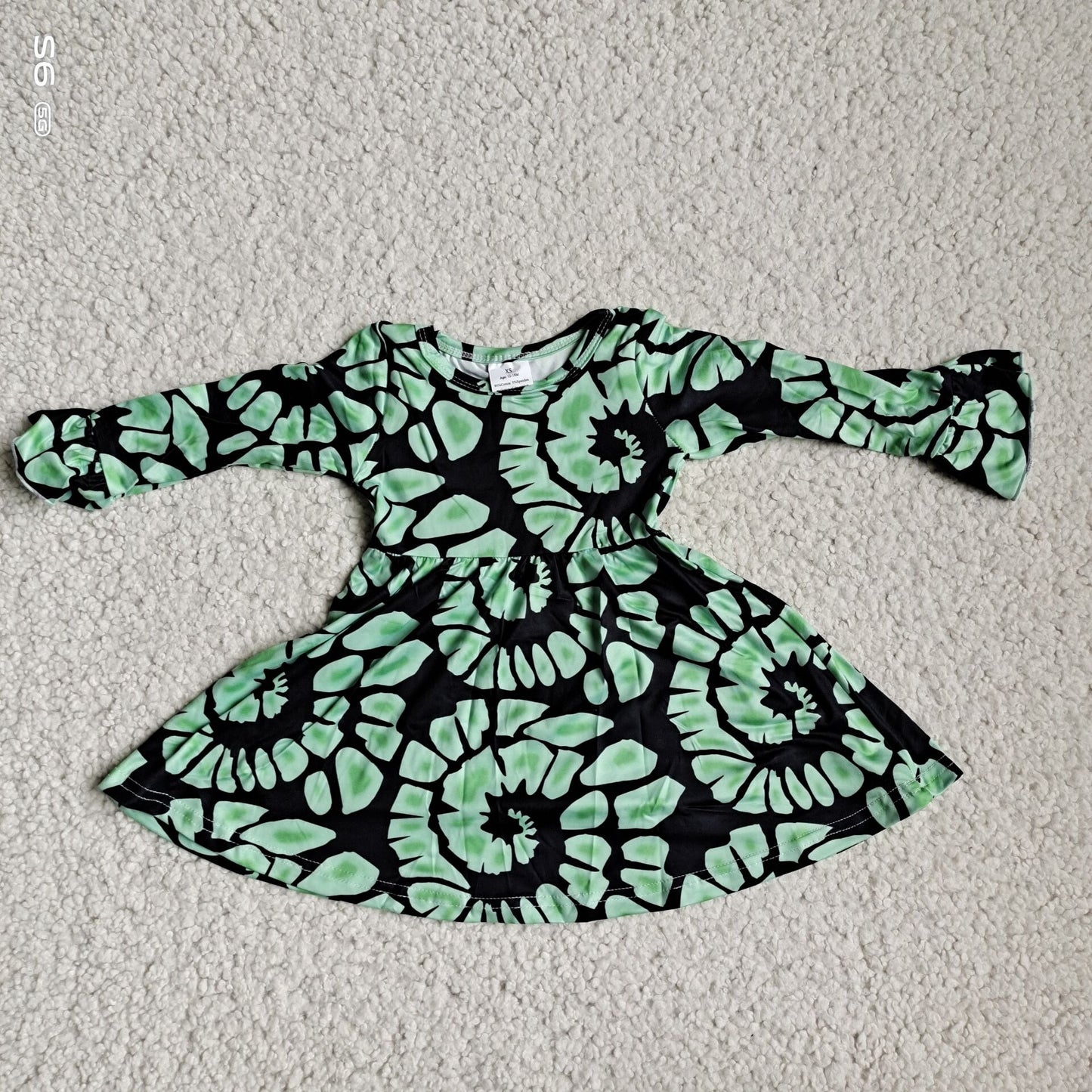 9.27 RTS NO MOQ(In stock)G4-12-3; Baby Girls Winter Dress Green square black long sleeve dress