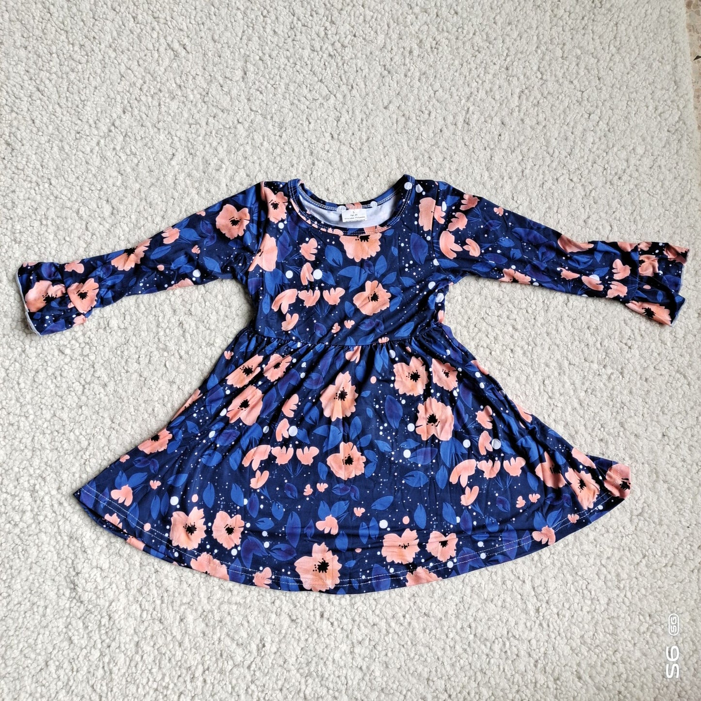 10.2 RTS NO MOQ(In stock)G4-12-7\ Baby Girls Winter Dress Dark blue long-sleeved dress with light orange flowers
