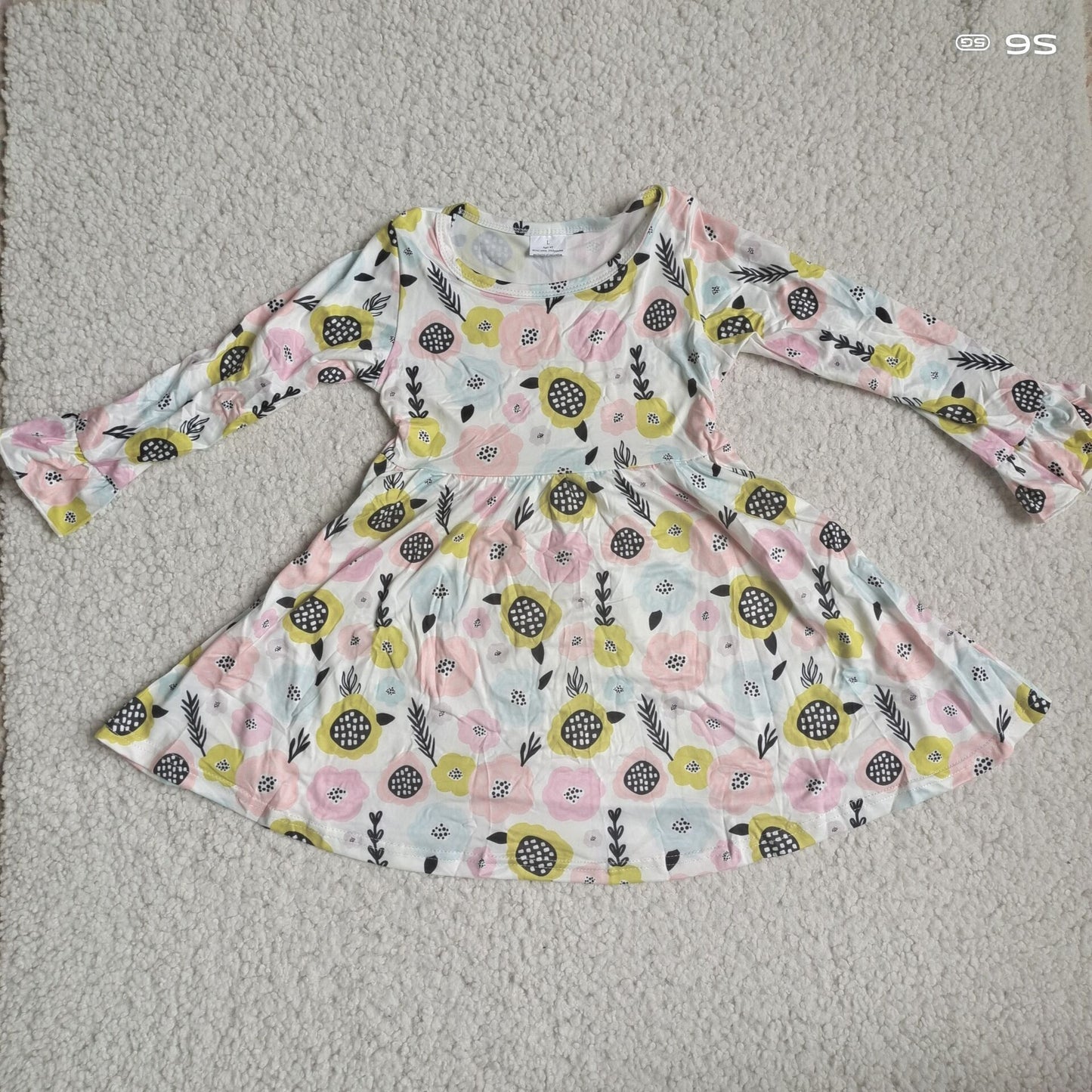 10.2 RTS NO MOQ(In stock)G4-12-7.' Baby Girls Winter Dress Colorful flower black and white stamen long-sleeved dress