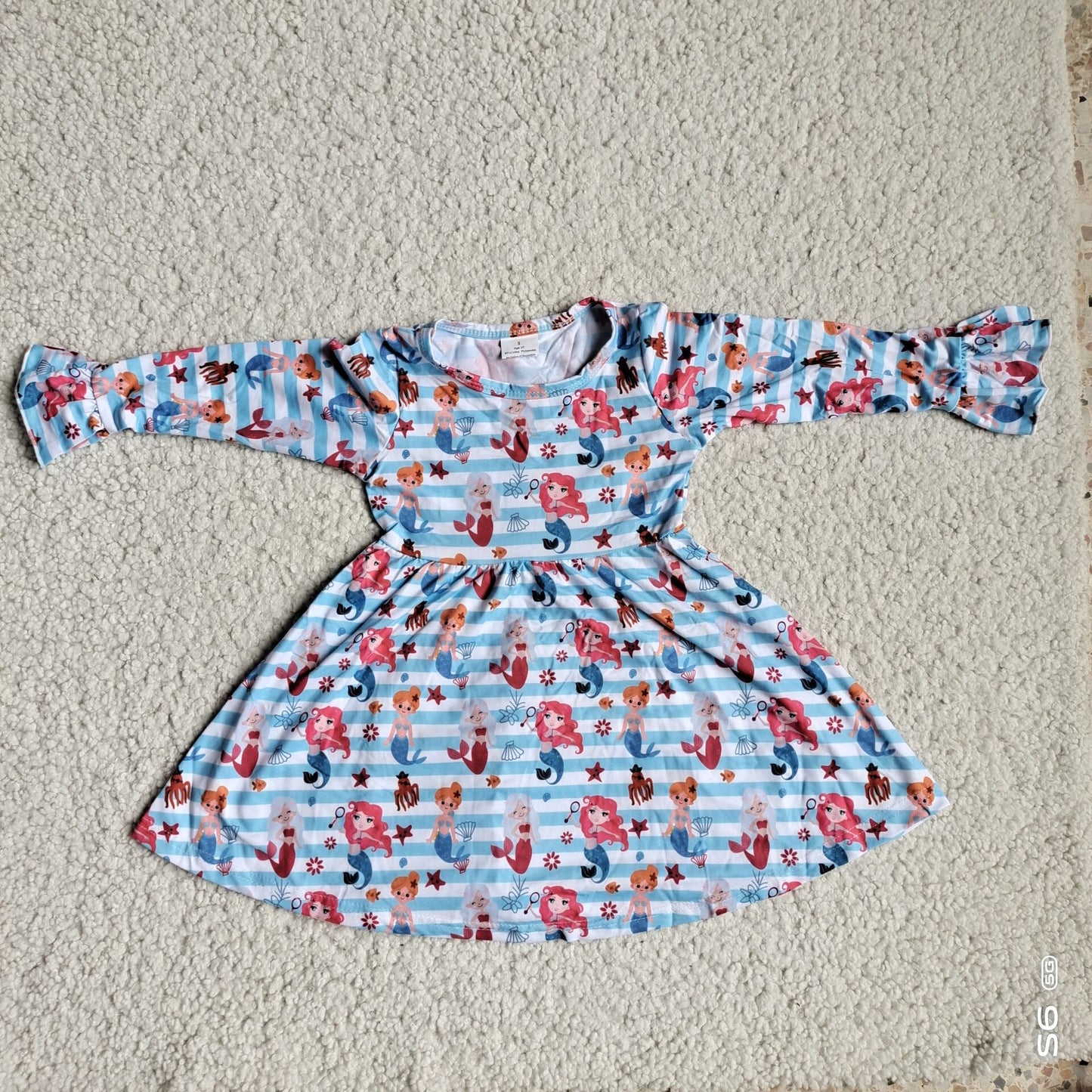 10.2 RTS NO MOQ(In stock)G4-12-8- Baby Girls Winter Dress Mermaid Starfish Blue and White Striped Long Sleeve Dress