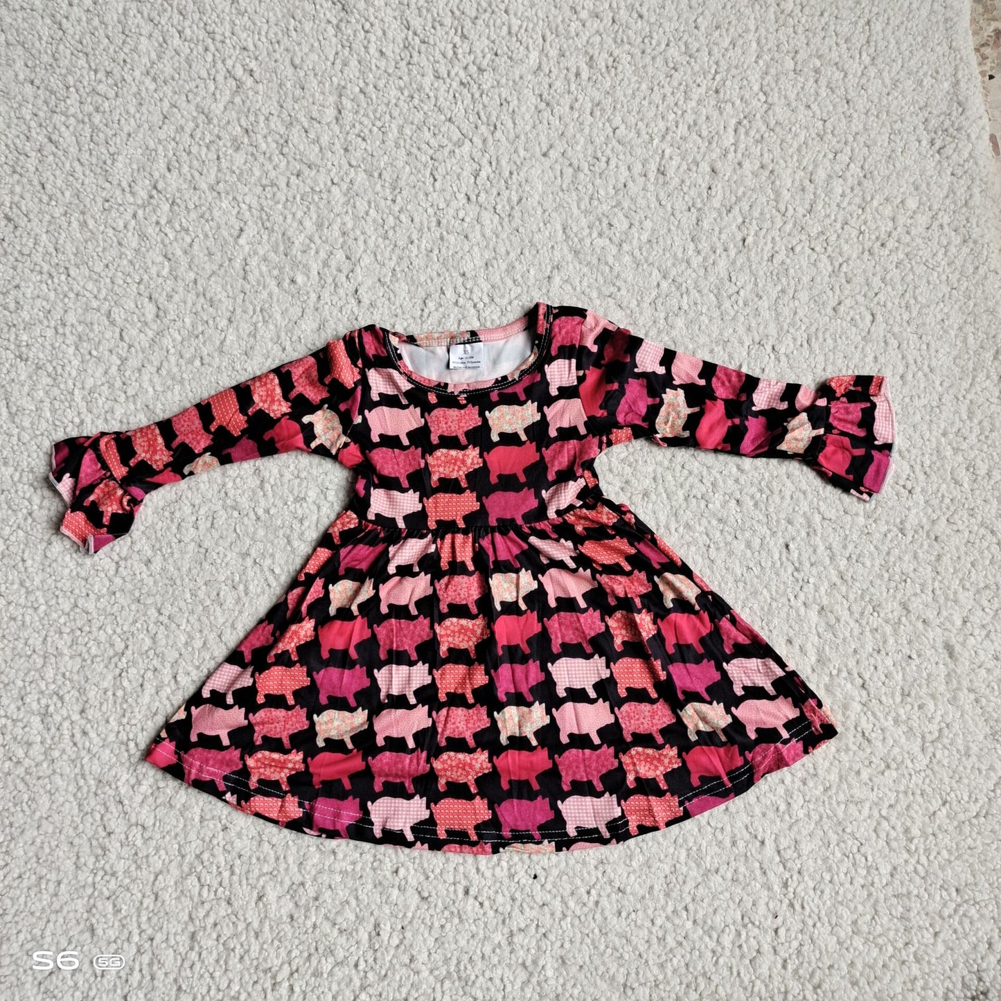 9.25 RTS NO MOQ(In stock)G4-12-8\ Baby Girls Winter Dress Colorful Pig Black Long Sleeve Dress