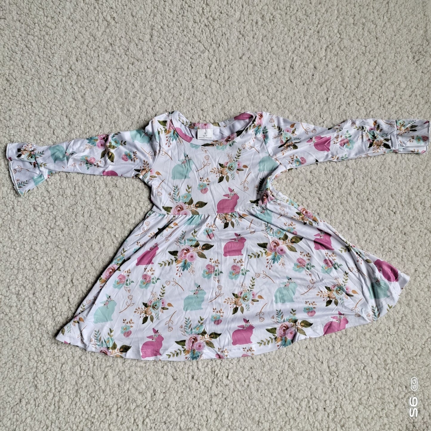 10.2 RTS NO MOQ(In stock)G4-12-9= Baby Girls Winter Dress Purple and green rabbit flower white long-sleeved dress