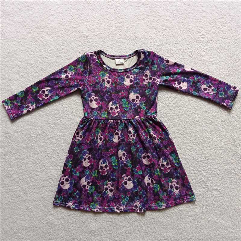 9.15 RTS NO MOQ (In stock)G4-14*. Baby Girls Winter Dress Baby Girls skull flower purple knee-length Dresses