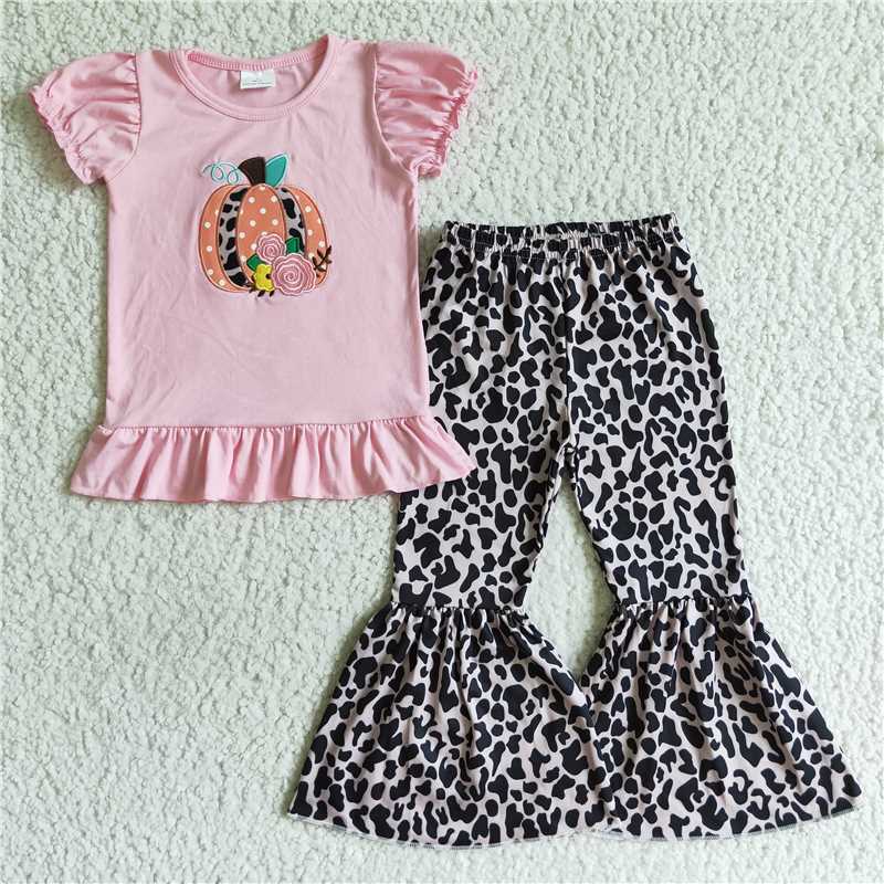 GSPO0122Pumpkin floral embroidery pink shirt leopard pants girls fall set