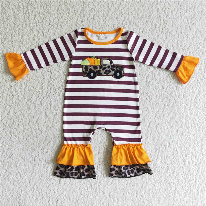 LR0007Leopard truck pumpkin embroidery baby girl fall romper