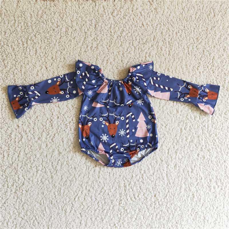 LR0165Deer tree print long sleeves baby girls Christmas romper
