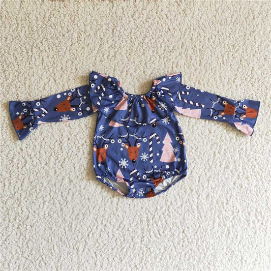LR0165Deer tree print long sleeves baby girls Christmas romper