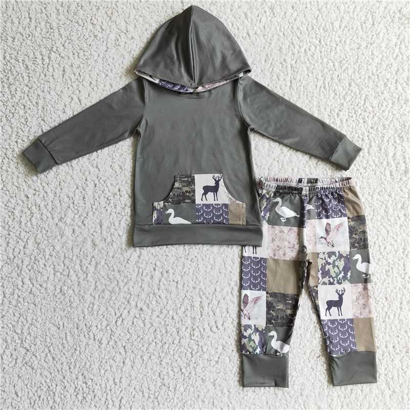BLP0133 Boys duck fawn green plaid hooded pocket long sleeve trousers suit