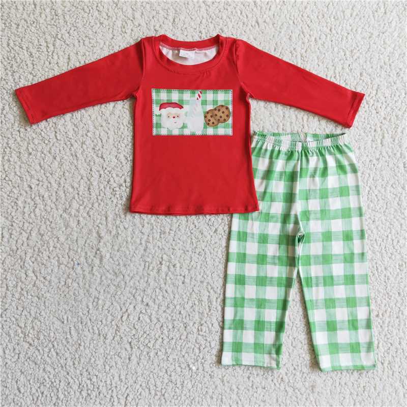 BLP0109Santa milk cookie shirt plaid pants boy Christmas clothes
