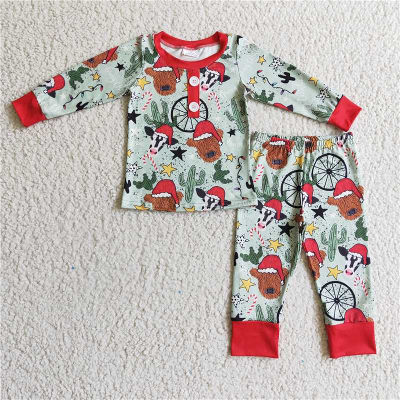 BLP0131Highland cow cactus kids boy western Christmas pajamas