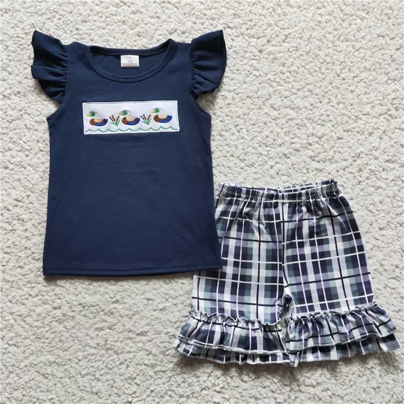 GSSO0156Duck embroidery cotton shirt plaid shorts kids girls outfits