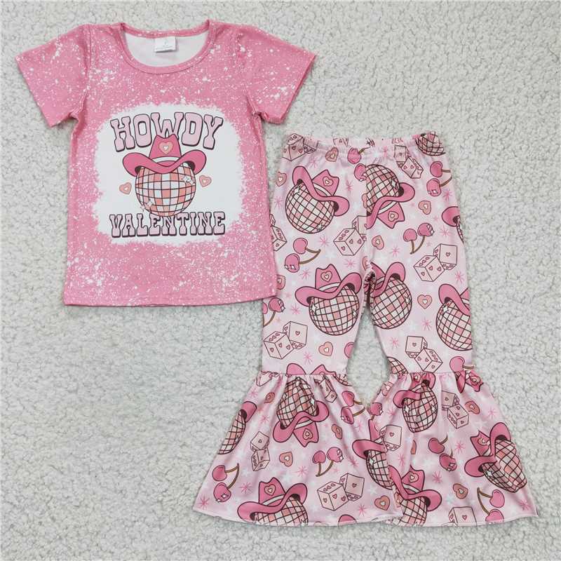 GSPO0364 Girls HOWDY hat, colorful light ball, pink short-sleeved shirt and long pants suit