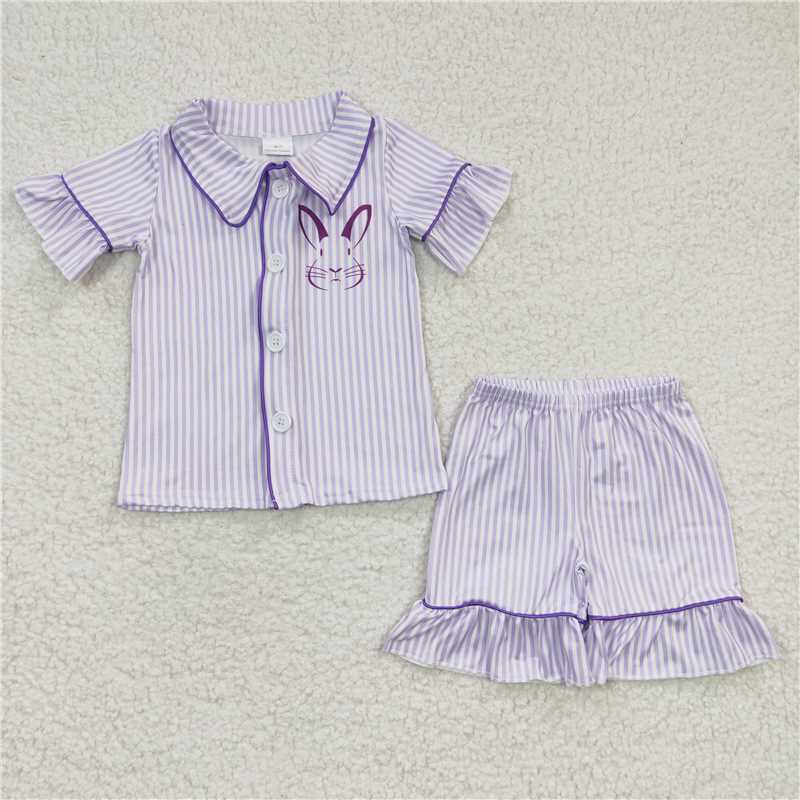 GSSO0144 Girls Bunny Purple Striped Short Sleeve Shorts Suit