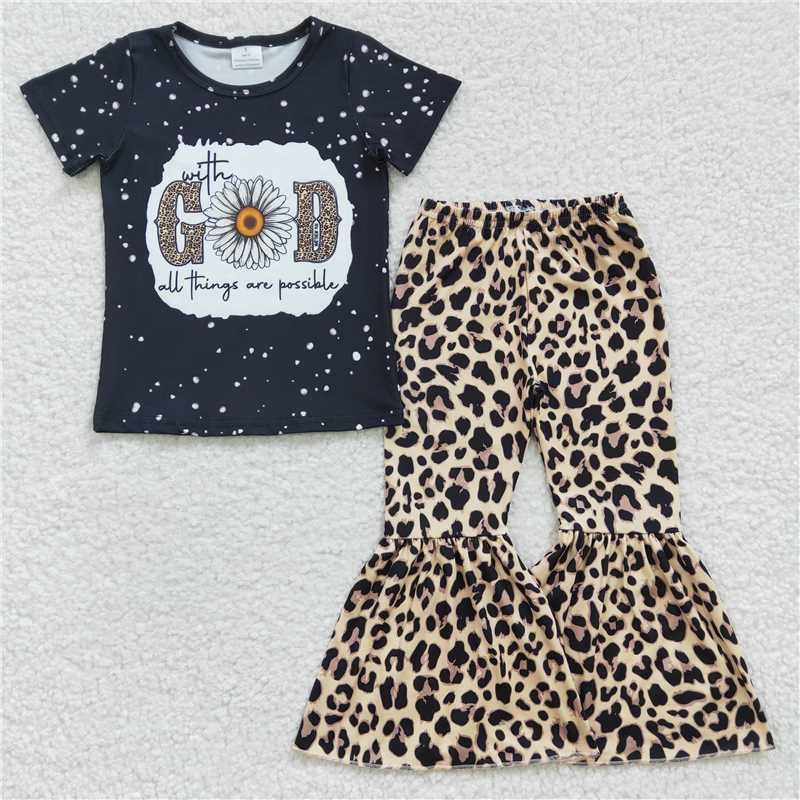 GSPO0478 Girls GOD Daisy Short Sleeve Leopard Print Trousers Set