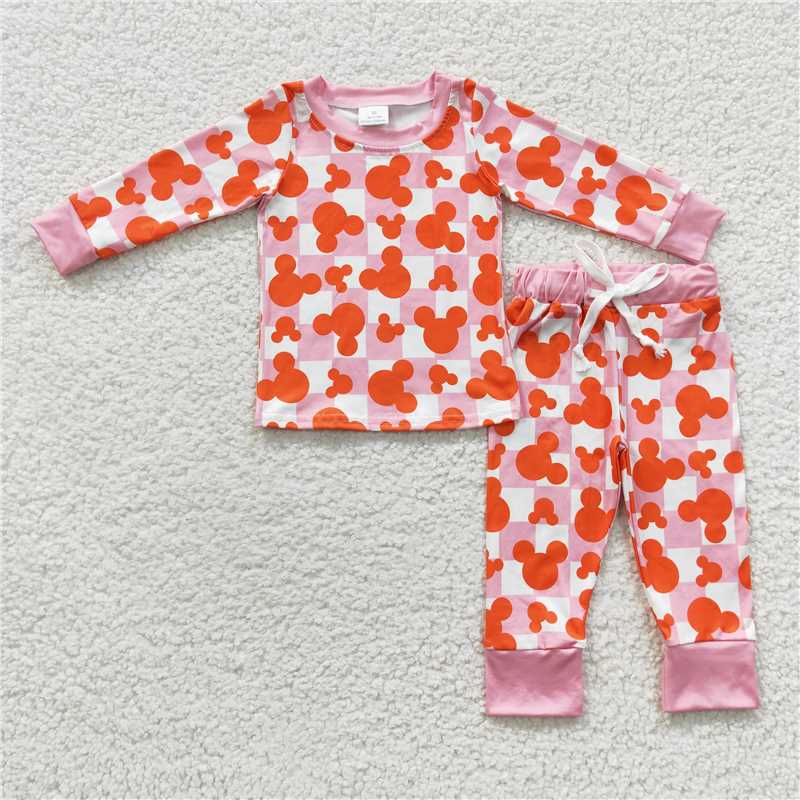 GLP0438Plaid mouse long sleeves kids girls fall pajamas