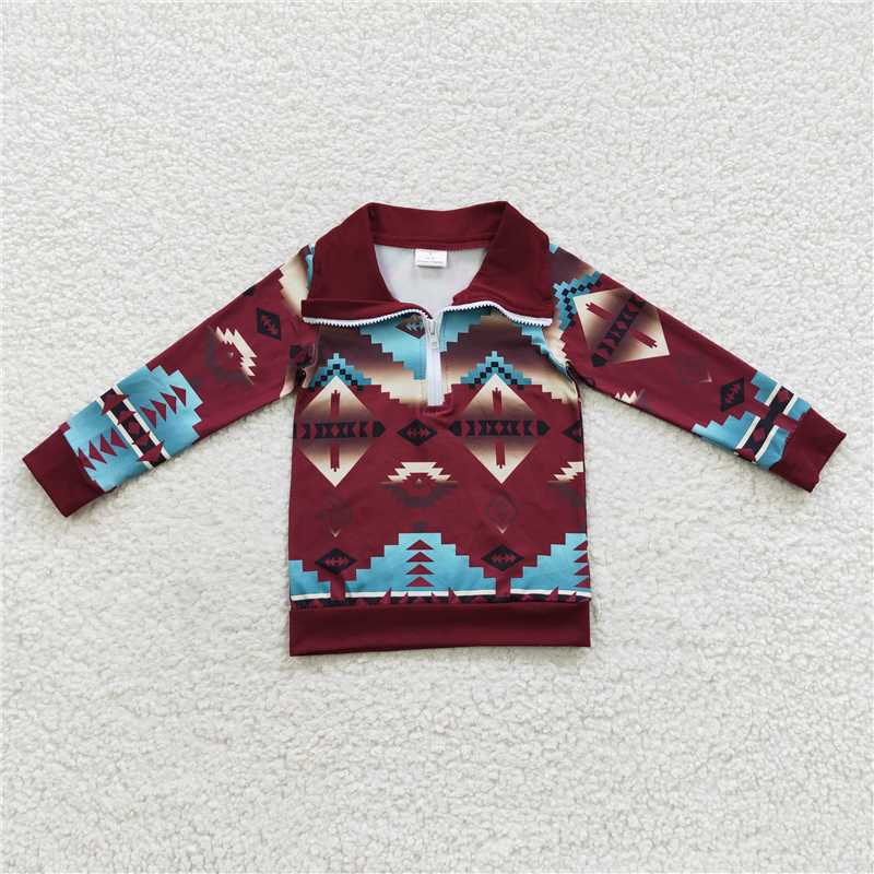 BT0228 Baby Boys Western Aztec Long Sleeve Zip Pullover Tee Tops