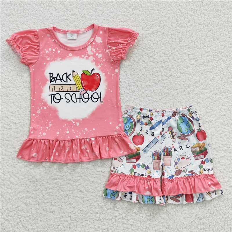 GSSO0345 Girls back to school ABC book alarm clock computer polka dot blue lace red plaid short-sleeved shorts suit