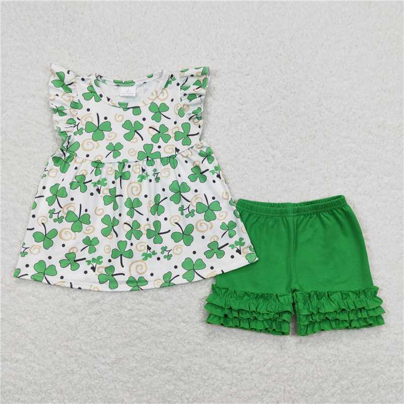 A5-21 Girls Clover Fly Sleeve Green Shorts Suit