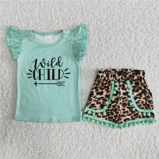 Wild Child Blue Letter pompom Shorts sets