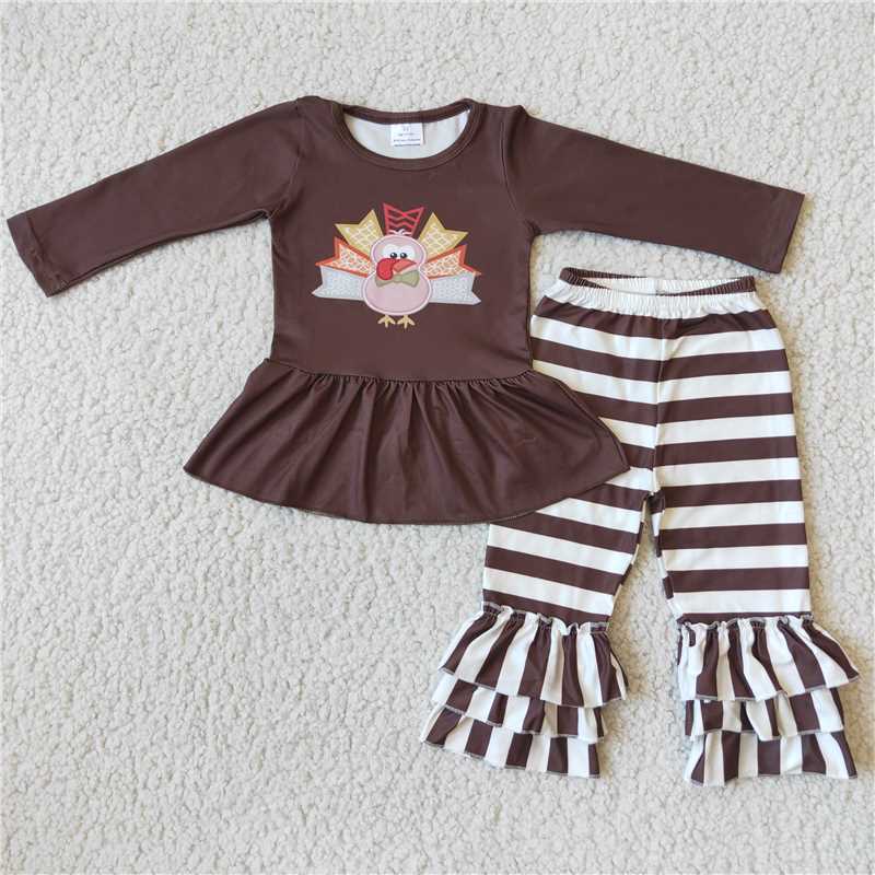 6 A29-17Turkey print top match stripe pants baby girls thanksgiving clothing