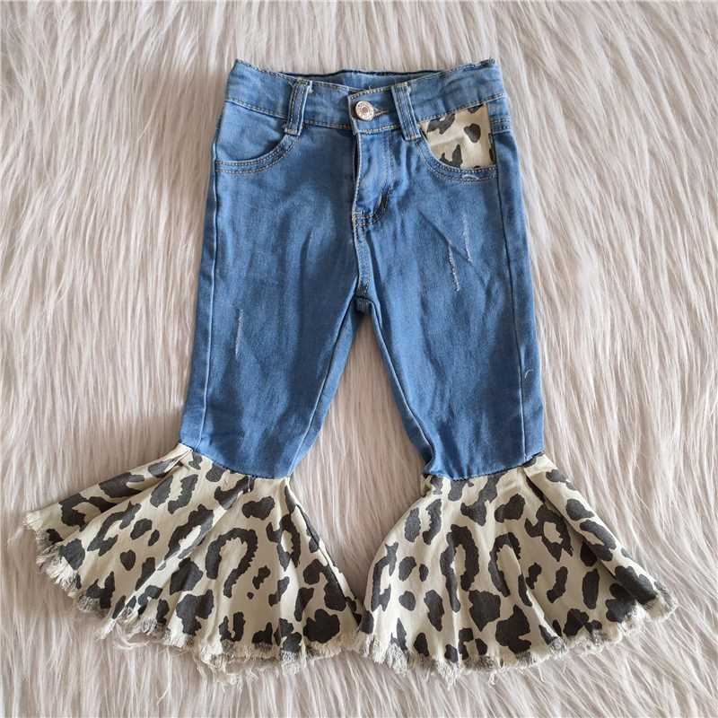 C14-21 Baby girls Blue Leopard Denim Ruffle Jeans Pants