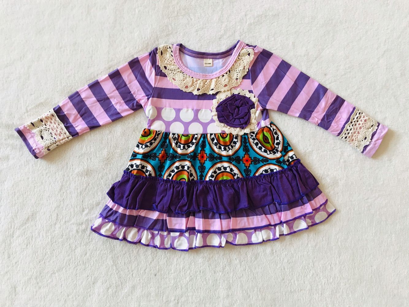9.15 RTS NO MOQ (In stock)G4-*2. Baby Girls Winter Dress Baby Girls Purple floral striped lace knee-length Dresses