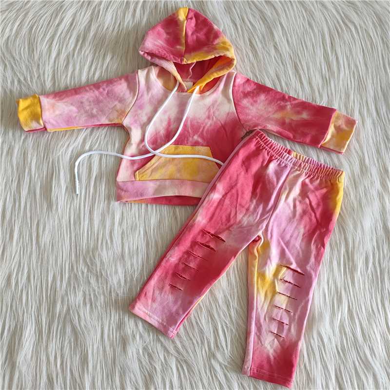 6 A29-6 Pink red tie dye thick girls hoodie set