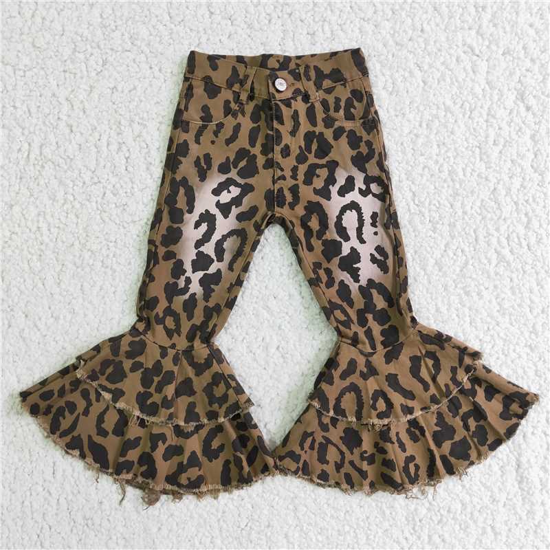 C4-7 baby girls Leopard bleached double ruffle denim jeans