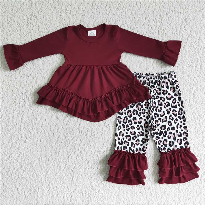 6 B4-38Maroon cotton tunic leopard ruffle pants girls fall winter clothing