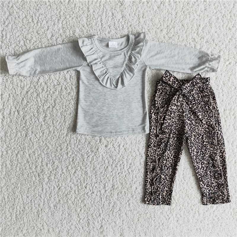 6 A25-19Grey long sleeve top leopard pants cute baby girls clothing sets