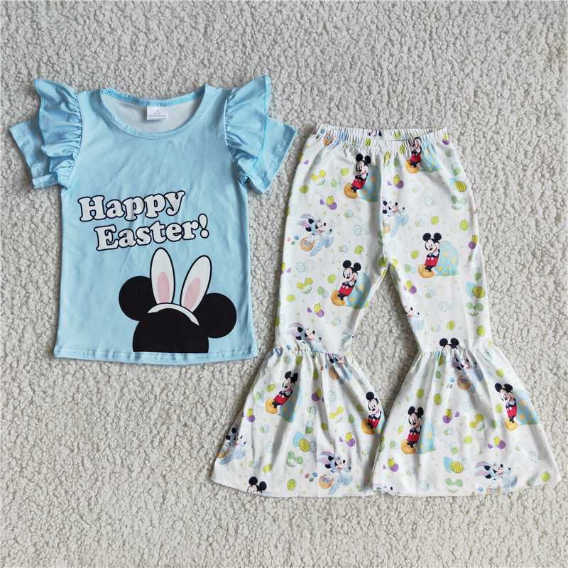 D10-20 Happy Easter blue short-sleeved Mickey pants suit