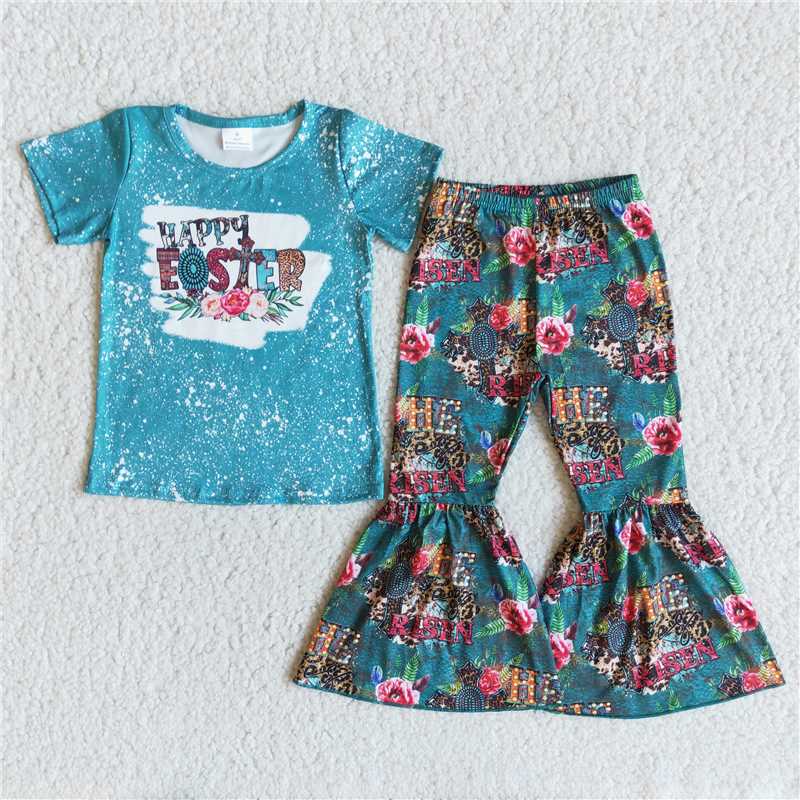 B2-12 Baby girls easter green color bleached cross bell pants clothing sets