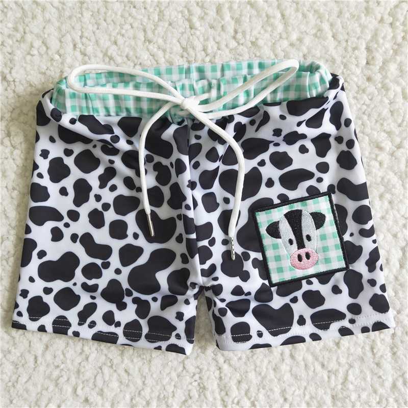 D14-4 Boys Embroidered Bull Head Leopard Print Swim Trunks