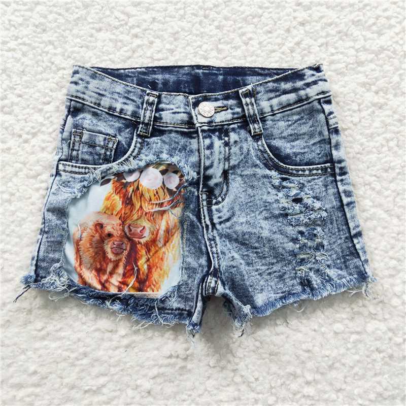 SS0024 Baby Girls Highland cow denim shorts