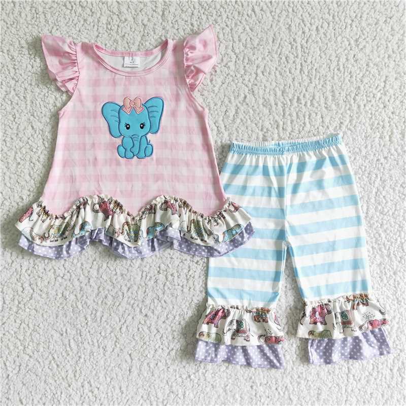 GSSO0104 Baby girls elephant cute stripe pants sets(Cropped Pants)